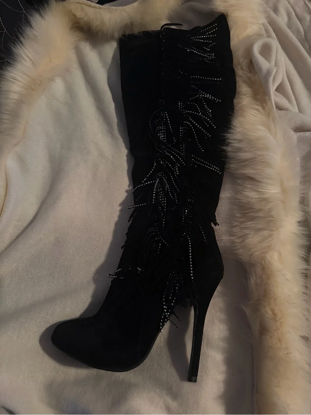 White House Black Market Black Suede Over-the-Knee Fringe Stiletto Boots
